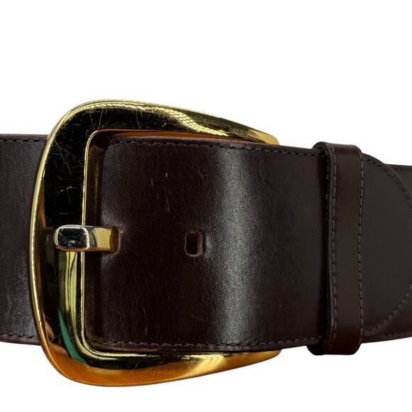 Ellen Tracy Wide Italian Leather Belt Small Women’s Brown Oversized Gold Buckle - Picture 3 of 10